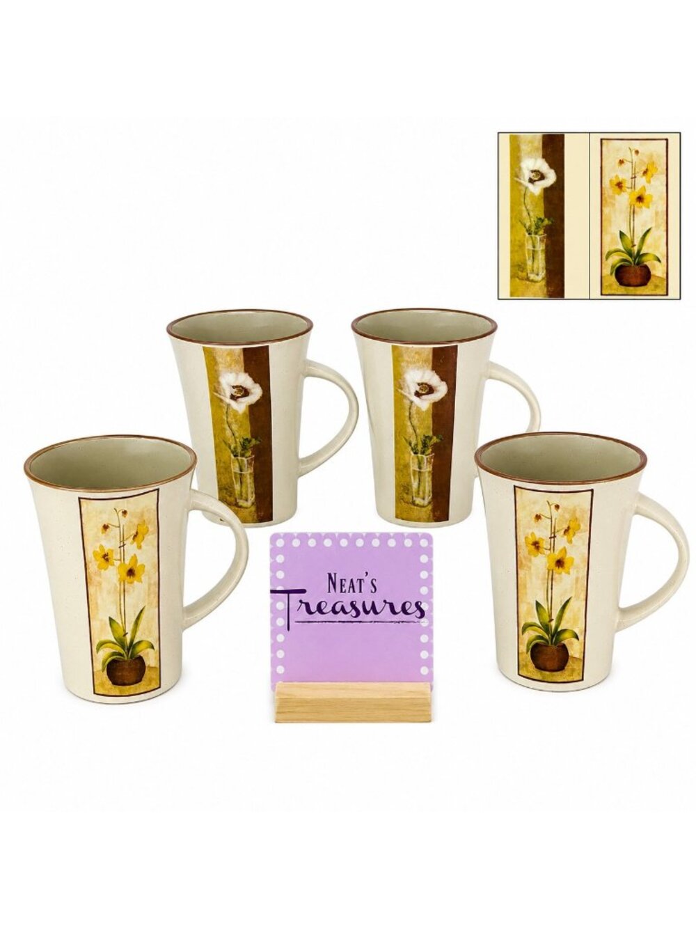 Mulberry Home ORCHID Flower Multi Trim 13oz Ceramic Tall Latte Mugs Cups Set 4
